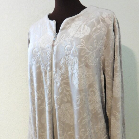 Miss Elaine Robe Rose Floral Embroidered Zip Stretchy Lounger Duster Pockets L - Picture 1 of 11